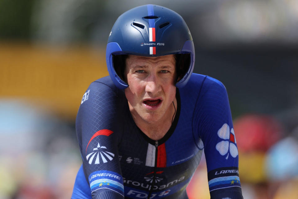 Groupama - FDJ's Swiss rider Stefan Kung cycles to the finish line during the 16th stage of the 110th edition of the Tour de France cycling race, 22 km individual time trial between Passy and Combloux, in the French Alps, on July 18, 2023. (Photo by Thomas SAMSON / AFP)