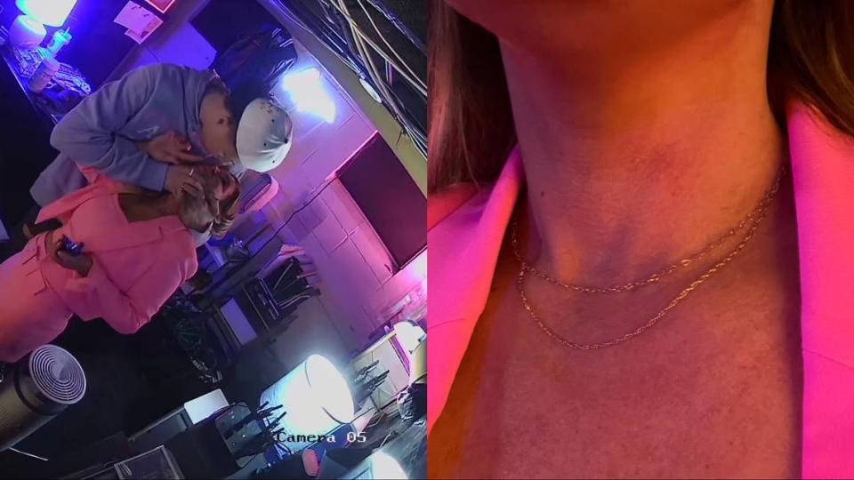 Aspen Vaughn provided this photo, right, showing what she says shows the bruise on her neck from Jackson Mahomes’ alleged assault at Vaughn’s restaurant Aspens Restaurant and Lounge in February. The incident, shown at left, was captured on a surveillance camera in the restaurant.