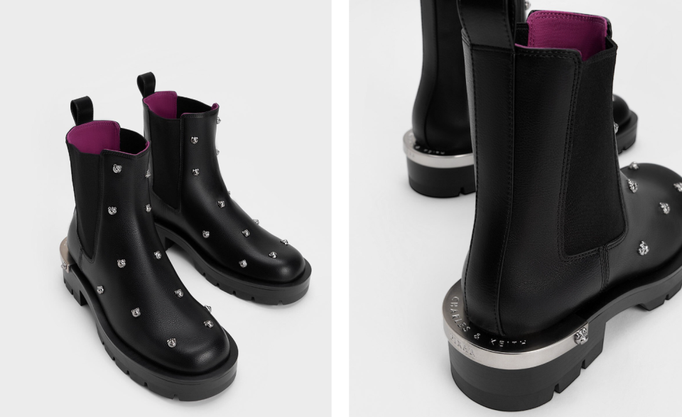 Charles & Keith Pixar Lotso Collection Studded Chelsea Boots comes in black with an interior maroon-coloured lining.