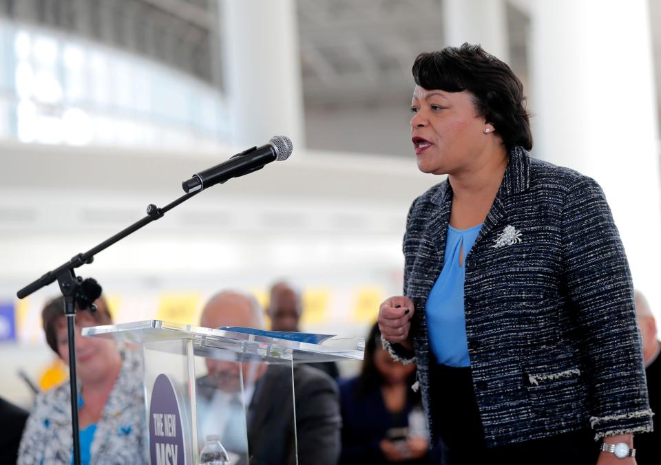 In this Nov. 5, 2019 file photo, New Orleans Mayor Latoya Cantrell speaks at a ribbon-cutting ceremony for the opening the newly built main terminal of the Louis Armstrong New Orleans International Airport in Kenner, La.