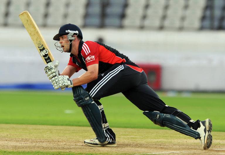 Jonathon Trott plays a shot during a practice match against Hyderabad at Rajiv Gandhi International Stadium in Hyderabad on October 11, 2011