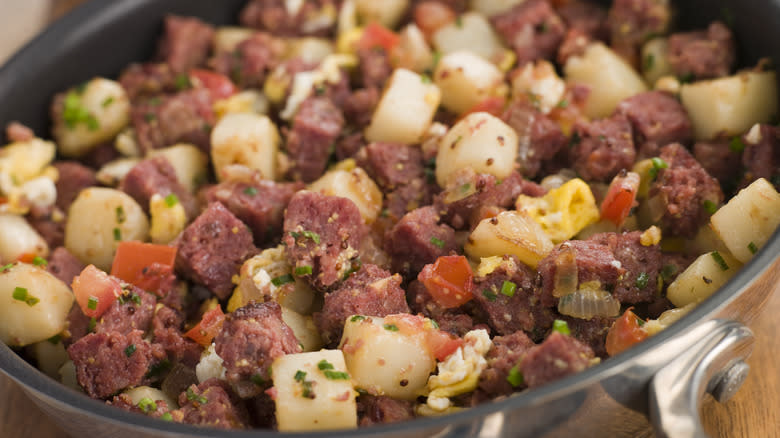 Corned beef hash in a frying pan