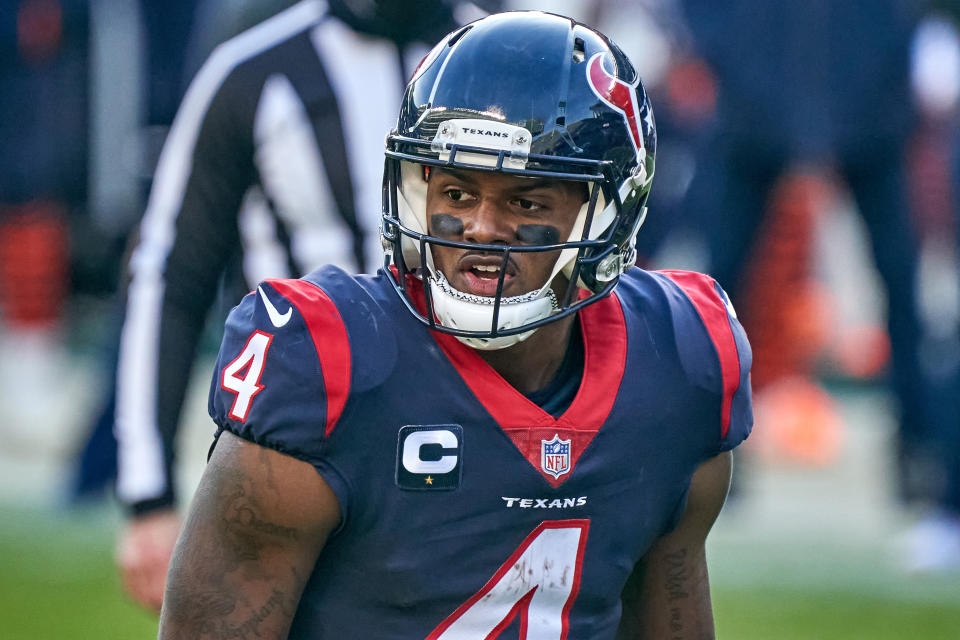 CHICAGO, IL - DECEMBER 13: Houston Texans quarterback Deshaun Watson (4) looks on in action during a game between the Chicago Bears and the Houston Texans on December 13, 2020, at Soldier Field in Chicago, IL. (Photo by Robin Alam/Icon Sportswire via Getty Images)