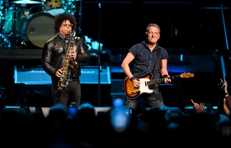 Jake Clemons and Bruce Springsteen pump up the crowd during the show at the Bryce Jordan Center on Saturday, March 18, 2023.