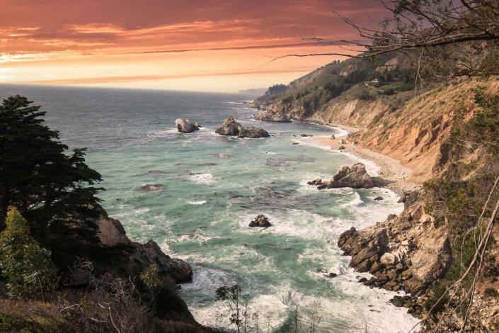 Sunset at McWay Falls in Big Sur California, Dreamy Sunset Beach