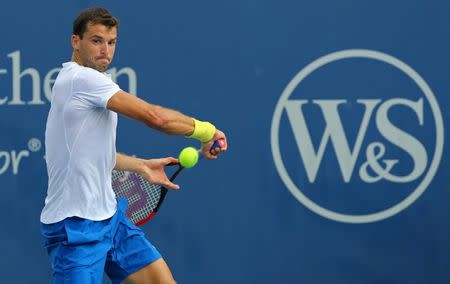 Aug 17, 2017; Mason, OH, USA; Grigor Dimitrov (BUL) returns a shot against Juan Martin del Potro (ARG) during the Western and Southern Open at the Lindner Family Tennis Center. Mandatory Credit: Aaron Doster-USA TODAY Sports