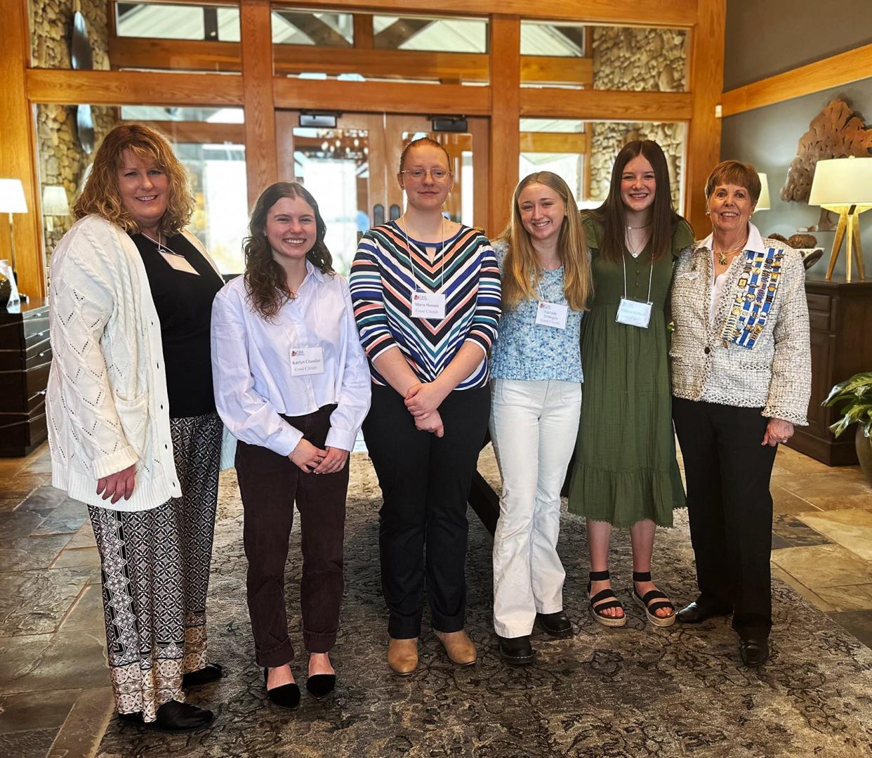 Pictured from left to right are Miriam Hood (Joseph McDowell Chapter Good Citizen chair), Kaitlyn Chandler, Maria Hansen, Adelaide DiMeglio, Caitlyn McMinn, and Charlotte Walsh (Chapter Regent).