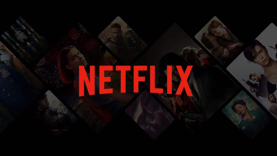  Netflix logo with cover art for movies and TV shows on a black background behind it. 