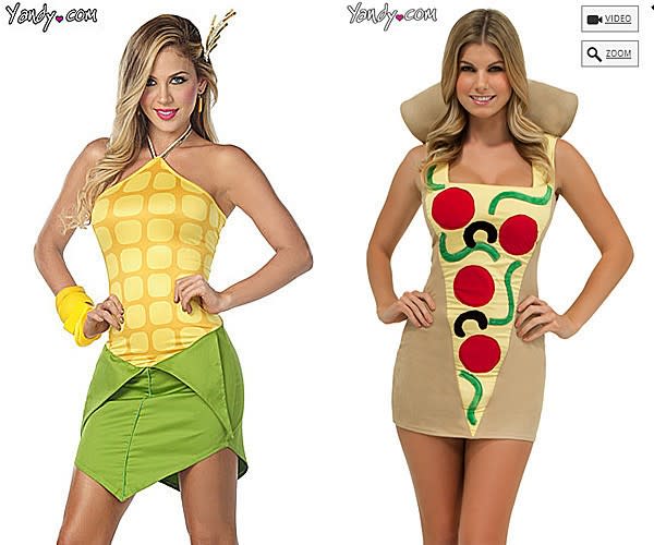 A woman dressed as an ear of corn and a woman dressed as a pizza slice