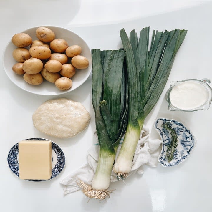 Ingredients for leek, potato, and cheese pie.