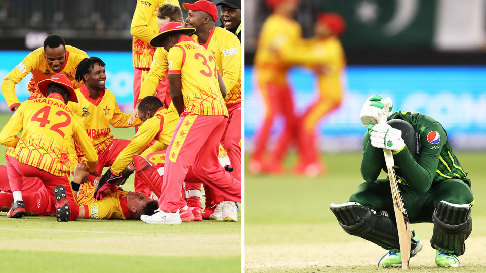 Zimbabwe, pictured here after shocking Pakistan in crazy scenes at the T20 World Cup.