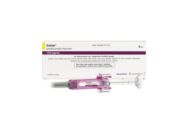 <p>Genentech USA, Inc. and Novartis Pharmaceuticals Corporation</p> Xolair injectable medication.