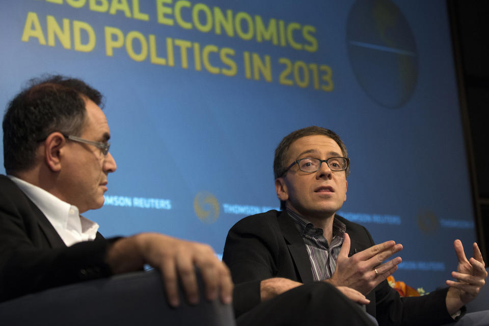 Chairman of Roubini Global Economics and New York University's Stern School of Business economics professor Nouriel Roubini (L) and President of political risk firm Eurasia Group Ian Bremmer speak at a Thomson Reuters Newsmaker event in New York January 14, 2013. Political instability in emerging markets, led by China, will be one of the biggest risks for markets in 2013, Bremmer said on Monday. REUTERS/Keith Bedford (UNITED STATES - Tags: BUSINESS POLITICS)