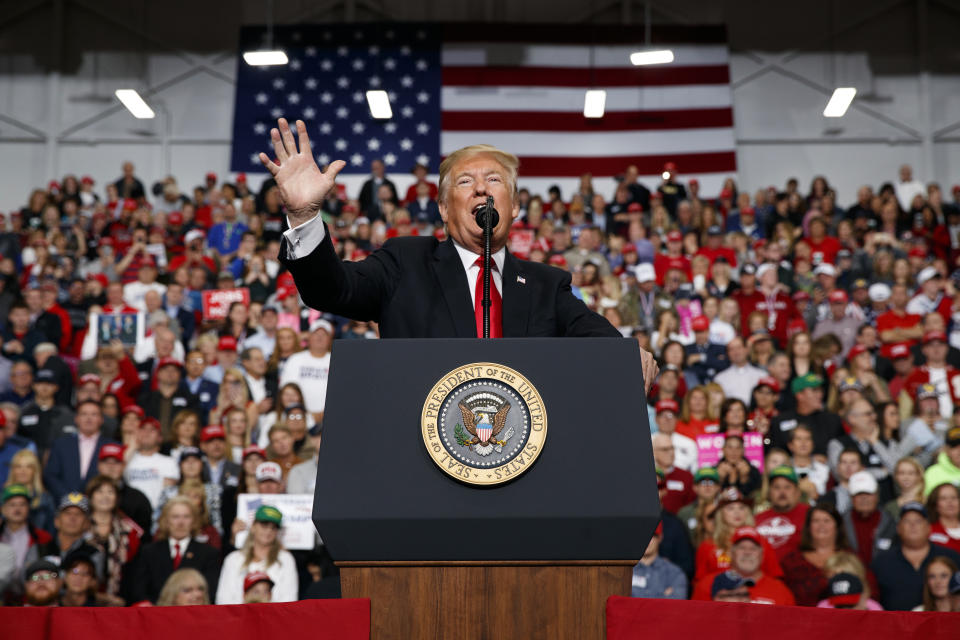 President Donald Trump speaks during a campaign rally at Southport High School, Friday, Nov. 2, 2018, in Indianapolis. (AP Photo/Evan Vucci)