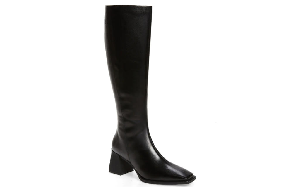 black boots, knee-high, heel, square-toe, shoes