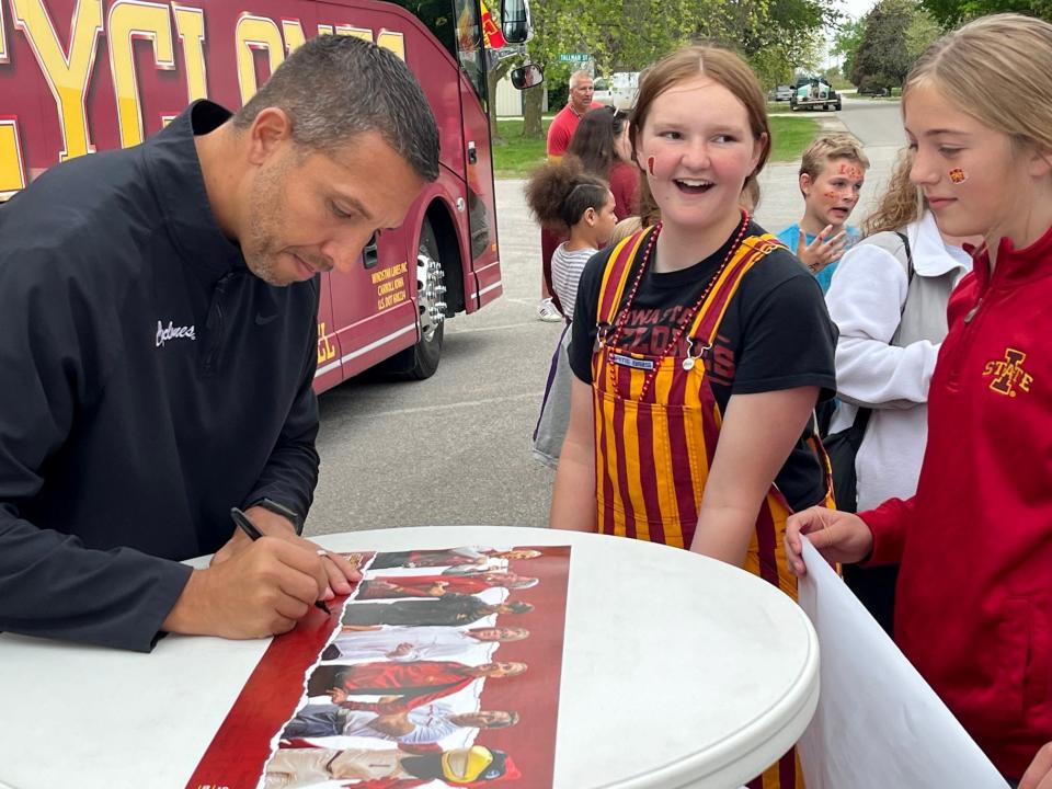 Football coach Matt Campbell was popular at the Cyclone Tailgate Tour stop in Paton Monday.