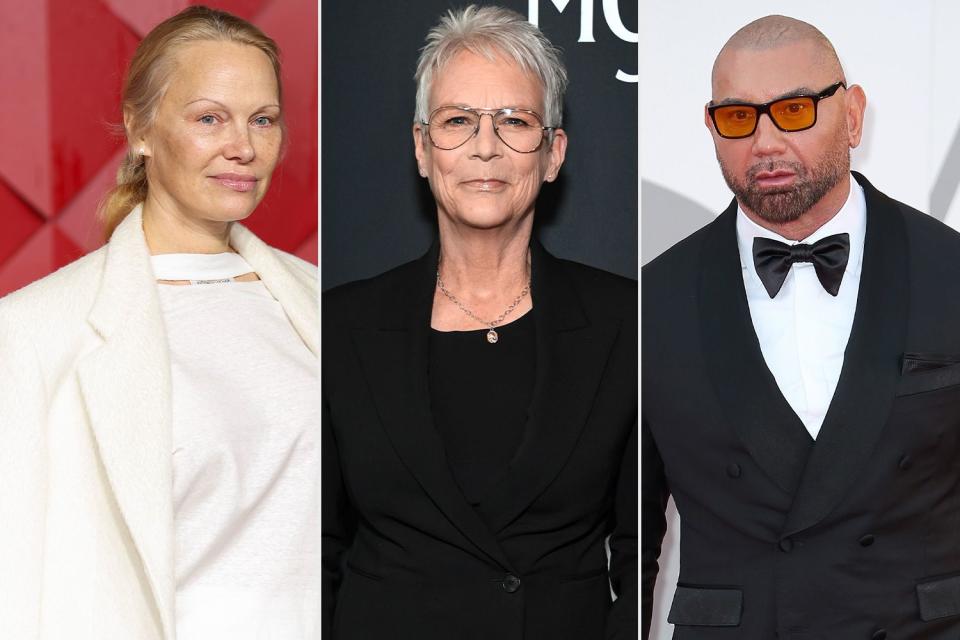 <p>Getty</p> Pamela Anderson  Jamie Lee Curtis  Dave Bautista