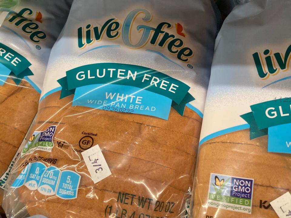 blue and clear bag of liveGfree bread on Aldi shelf
