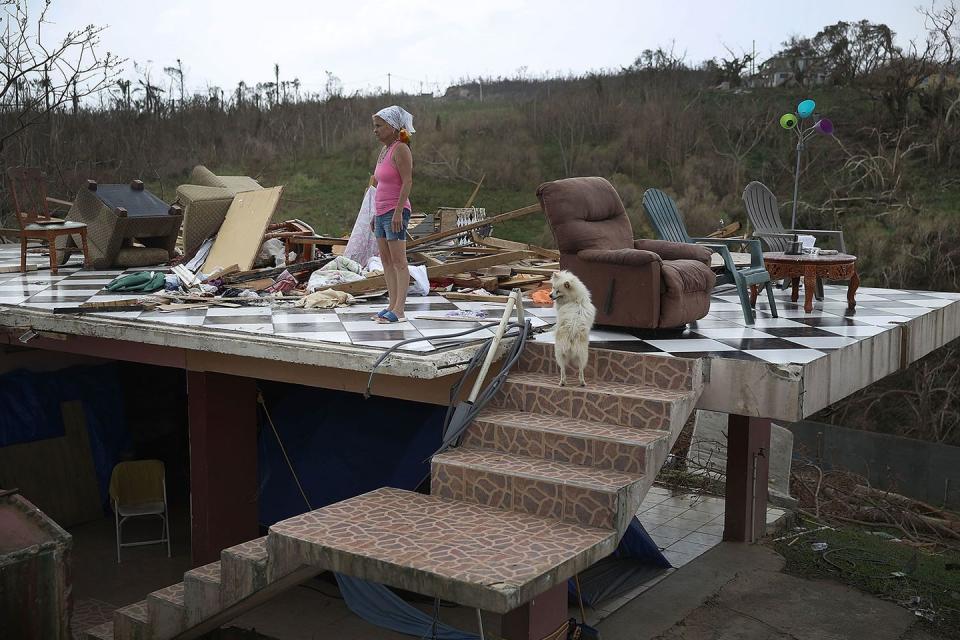 <p>Irma Maldanado and her pets stand in what remains of her home in Corozal, Puerto Rico after Hurricane Maria ravaged the island.</p>