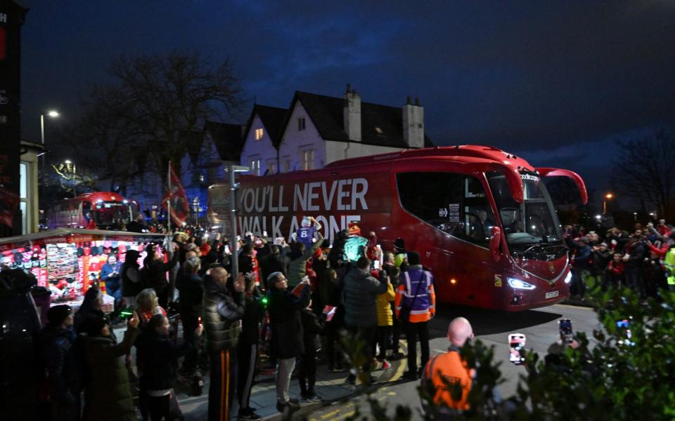 Liverpool team coach arriving before the Premier League match between Liverpool FC and Luton Town at Anfield on February 21, 2024 in Liverpool, England