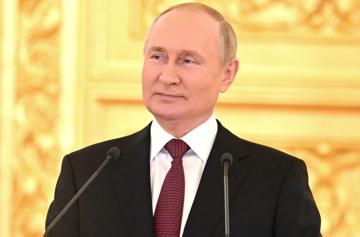 Russian President Vladimir Putin attends a ceremony to receive credentials from foreign ambassadors to Russia at the Alexander Hall of the Grand Kremlin Palace in Moscow on September 20, 2022. (Photo by Pavel BEDNYAKOV / SPUTNIK / AFP) (Photo by PAVEL BEDNYAKOV/SPUTNIK/AFP via Getty Images)