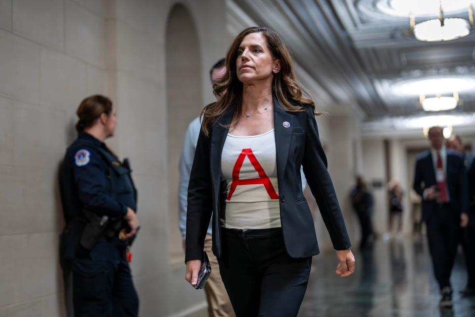 Rep. Nancy Mace, R-S.C., at the U.S. Capitol on Oct. 10, 2023, seven days after she was one of eight GOP members who voted to oust House Speaker Kevin McCarthy. “I’m wearing the scarlet letter after the week that I just had last week, being a woman up here and being demonized for my vote and for my voice,” Mace said.