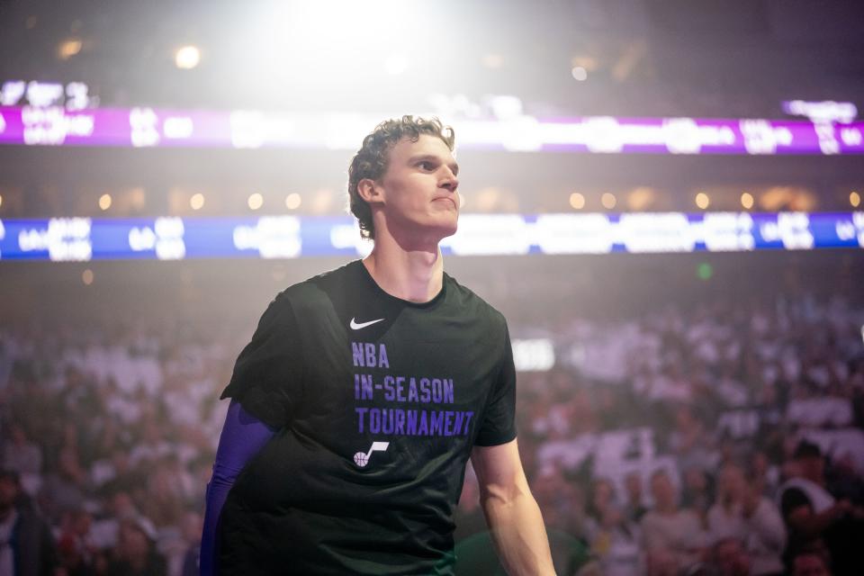 Utah Jazz forward <a class="link " href="https://sports.yahoo.com/nba/players/5769" data-i13n="sec:content-canvas;subsec:anchor_text;elm:context_link" data-ylk="slk:Lauri Markkanen;sec:content-canvas;subsec:anchor_text;elm:context_link;itc:0">Lauri Markkanen</a> (23) takes the court before the game against the Portland Trail Blazers at the Delta Center in Salt Lake City on Tuesday, Nov. 14, 2023. | Spenser Heaps, Deseret News