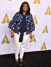 <p>Octavia stunned in a floral bell sleeved jacket and white trousers. [Photo: Getty] </p>