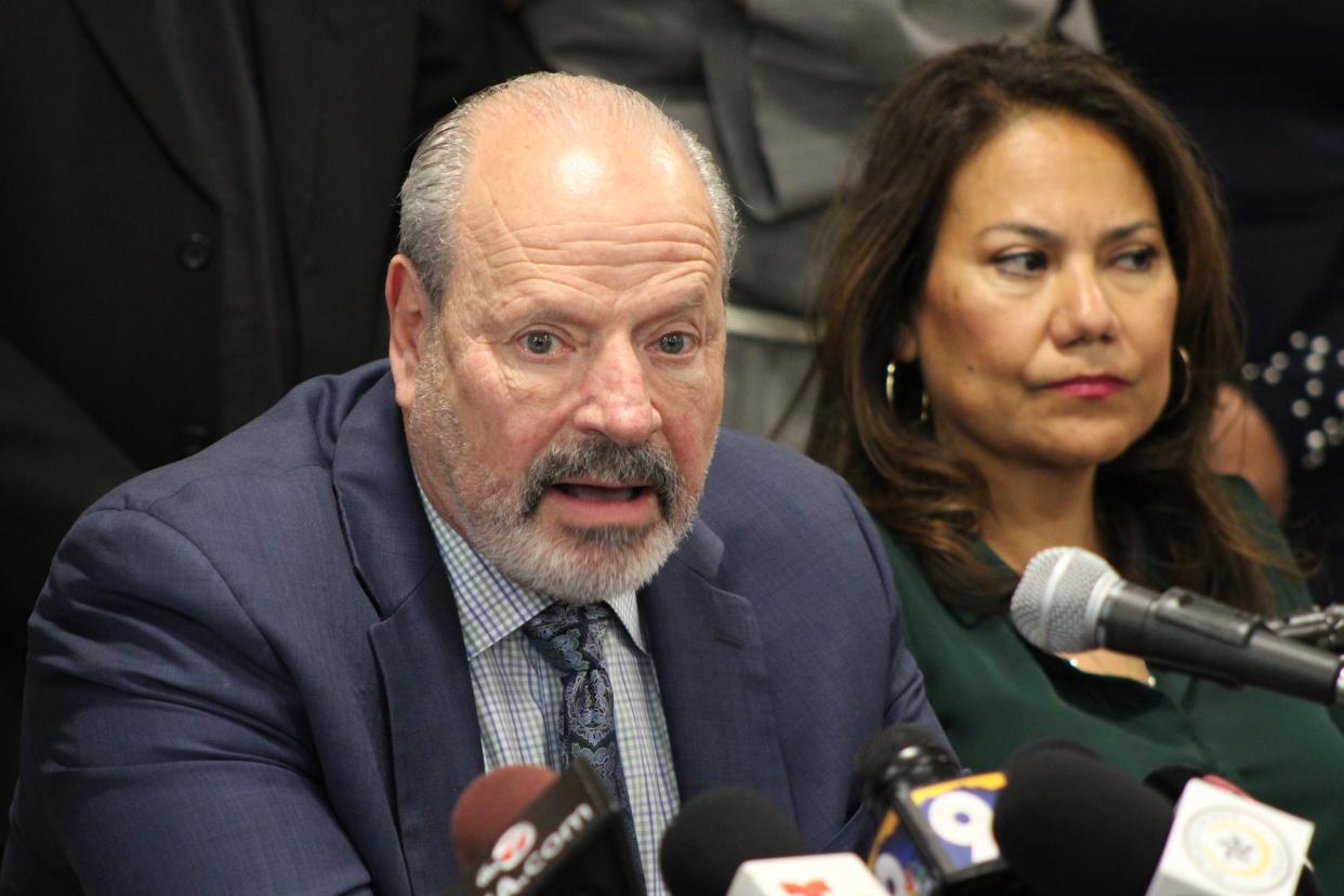 El Paso Mayor Oscar Leeser speaks during a news conference Friday, Feb. 23, 2024, to denounce the lawsuit filed by Texas Attorney General Ken Paxton against El Paso faith-based nonprofit Annunciation House.