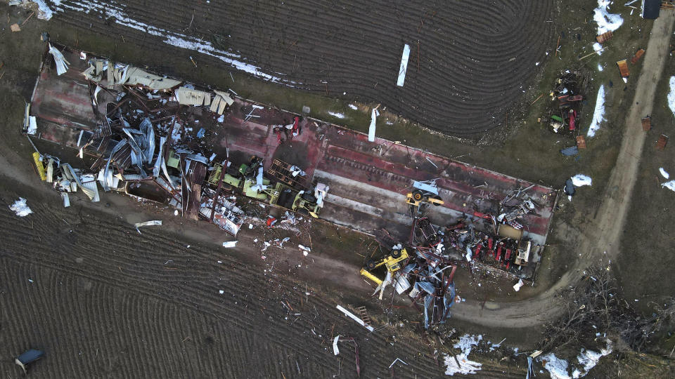 An aerial view of the damage along North Tolles Road, Friday morning, Feb. 9, 2024, after a confirmed tornado went through the area just northwest of Evansville, Wis., the prior evening. The tornado was the first-ever reported in February in the state of Wisconsin, according to the National Weather Service. (Anthony Wahl//The Janesville Gazette via AP)