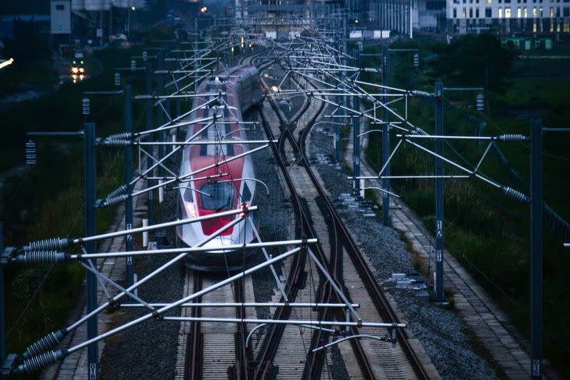 An electric Multiple Unit high-speed train is seen during Hot Sliding Test in Tegalluar,