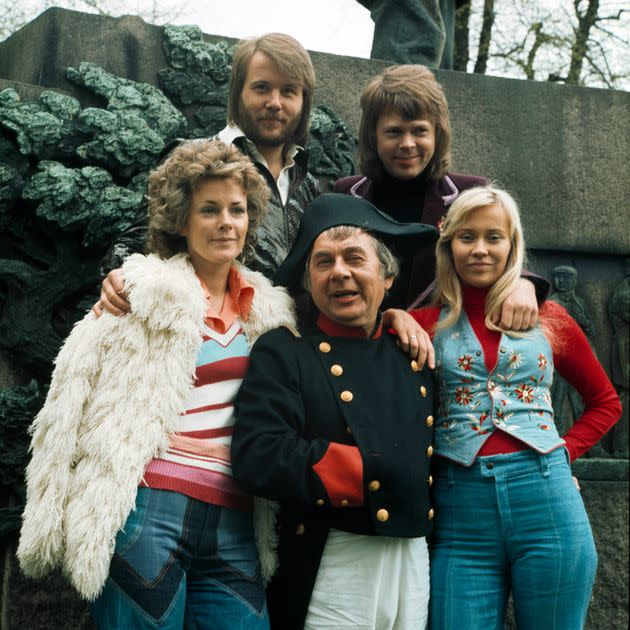 An actor playing Napoleon (centre) poses with ABBA in 1974. Wow. (Photo: Jorgen Angel via Getty Images)