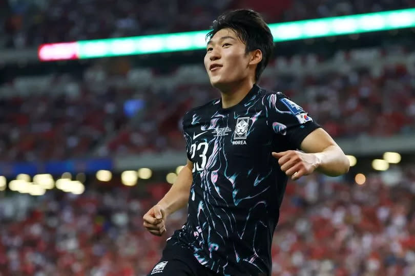 Stoke City forward Bae Junho celebrates his goal against Singapore on his South Korea debut.