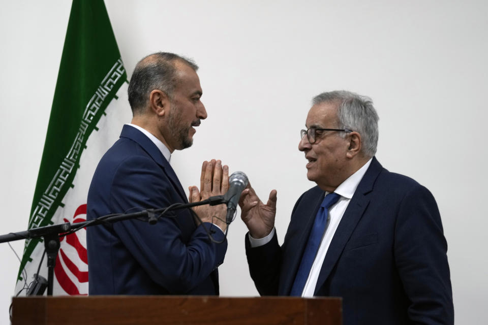 Iranian Foreign Minister Hossein Amirabdollahian, left, speaks with his Lebanese counterpart Abdallah Bouhabib during a joint press conference in Beirut, Lebanon, Friday, Jan. 13, 2023. In comments to reporters in Beirut following a meeting with his Lebanese counterpart, Amirabdollahian said talks between regional rivals Iran and Saudi Arabia are continuing and could eventually restore diplomatic relations that were severed years ago. (AP Photo/Bilal Hussein)