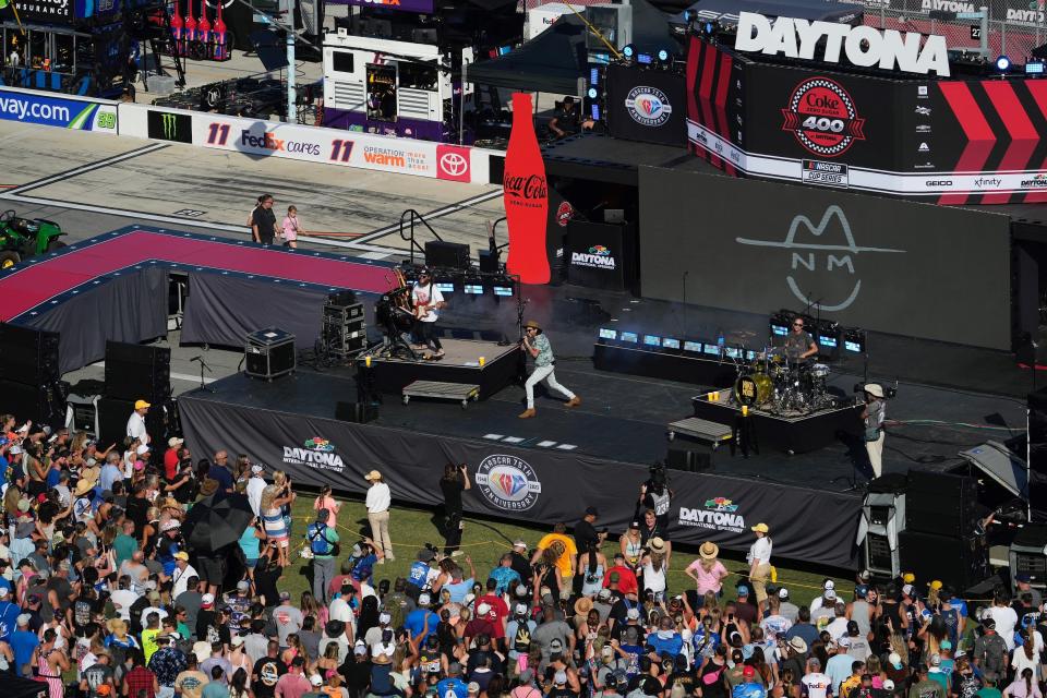 Country artist Niko Moon performs the prerace concert before the Coke Zero Sugar 400 on Saturday at Daytona International Speedway.