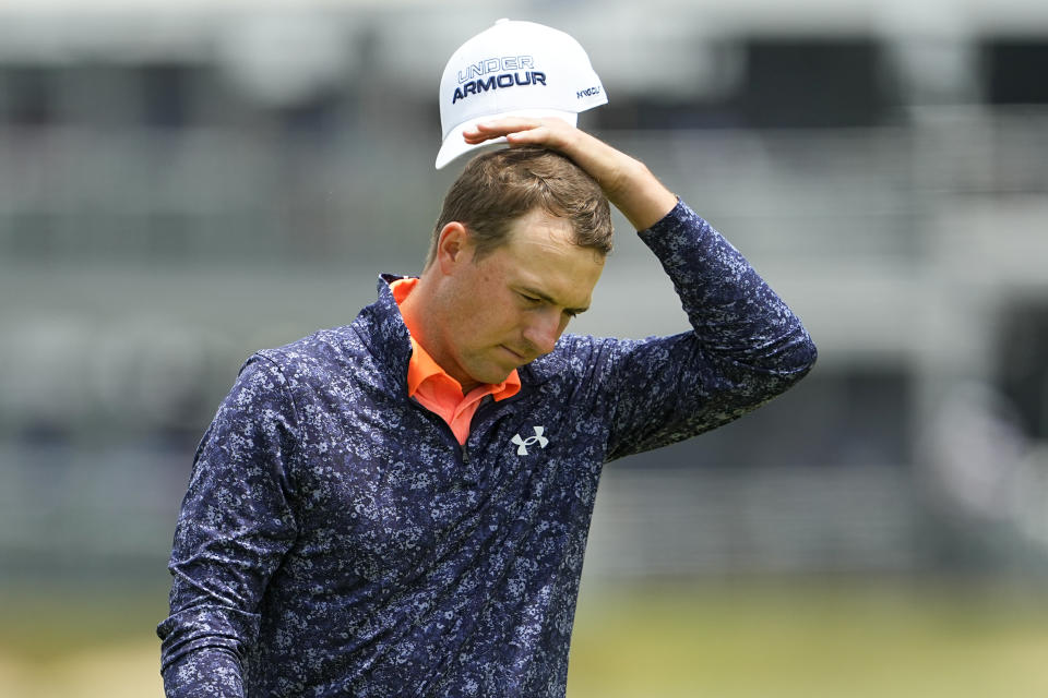 Jordan Spieth finishes his second round at the U.S. Open golf tournament at Los Angeles Country Club on Friday, June 16, 2023, in Los Angeles. (AP Photo/Matt York)