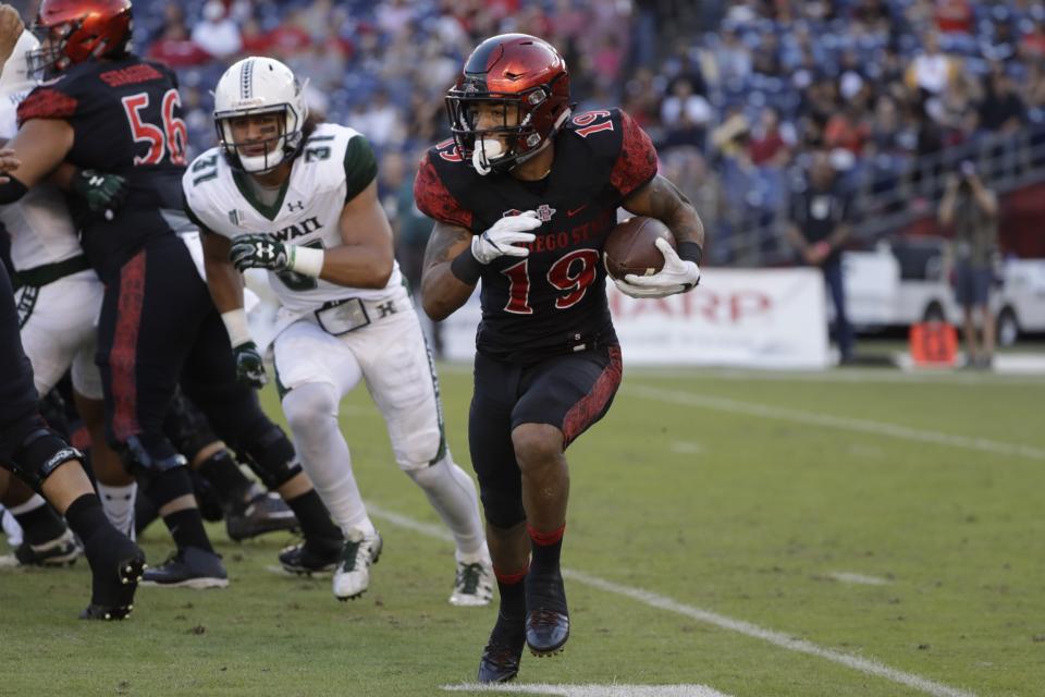 Donnel Pumphrey broke Ron Dayne's record in the Las Vegas Bowl. (AP Photo/Gregory Bull)