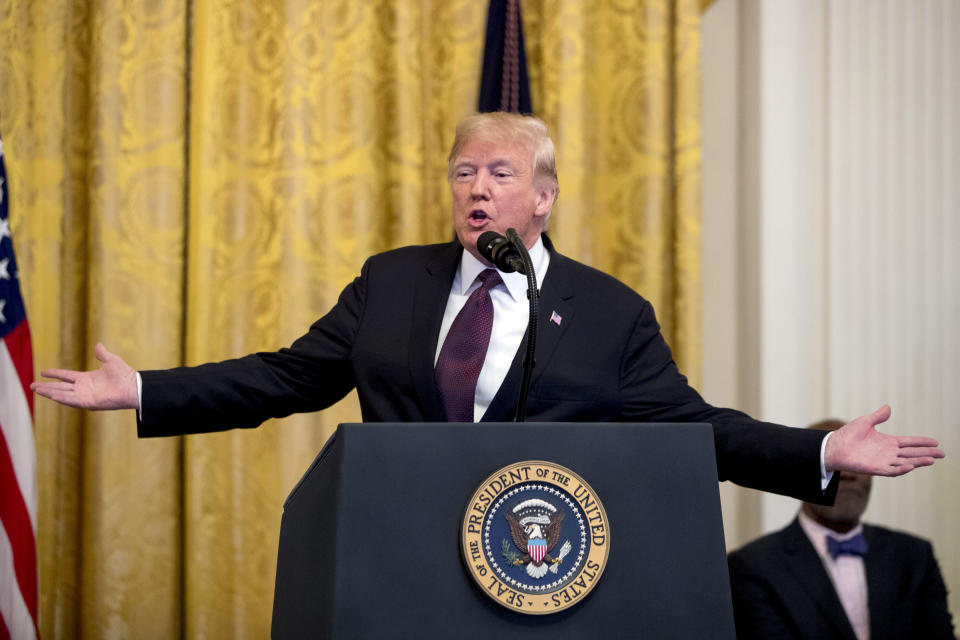 President Trump speaks during a Medal of Freedom ceremony at the White House on Friday. (Photo: Andrew Harnik/AP)