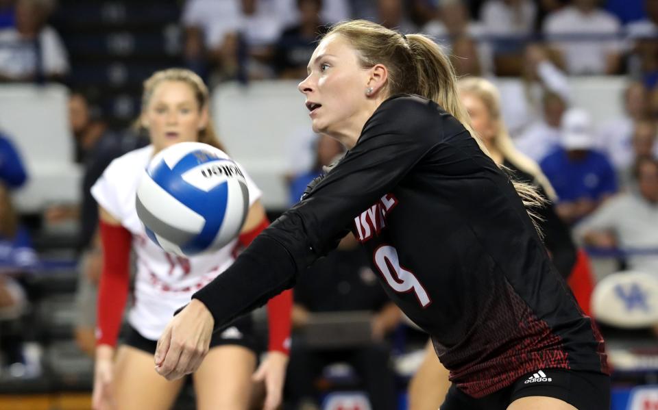 Louisville’s Claire Chaussee hits the ball against Kentucky.Sept. 14, 2022