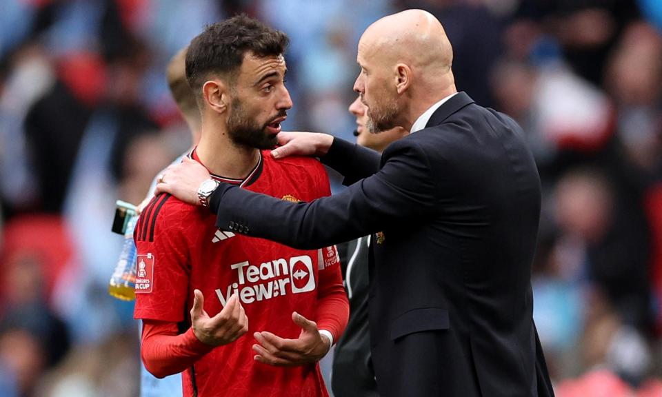 <span>Erik ten Hag speaks with <a class="link " href="https://sports.yahoo.com/soccer/players/380323/" data-i13n="sec:content-canvas;subsec:anchor_text;elm:context_link" data-ylk="slk:Bruno Fernandes;sec:content-canvas;subsec:anchor_text;elm:context_link;itc:0">Bruno Fernandes</a> during <a class="link " href="https://sports.yahoo.com/soccer/teams/man-utd/" data-i13n="sec:content-canvas;subsec:anchor_text;elm:context_link" data-ylk="slk:Manchester United;sec:content-canvas;subsec:anchor_text;elm:context_link;itc:0">Manchester United</a>’s less-than-convincing FA Cup semi-final victory over Coventry on Sunday.</span><span>Photograph: Richard Heathcote/Getty</span>