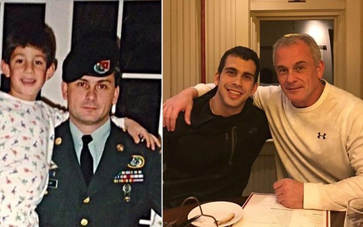 This undated combination of photos released to AFP on March 2, 2021 courtesy Rudy Michael Taylor shows his father, former US special forces member Michael Taylor (at R in both images) and his brother Peter, posing together years apart in the US. - A Japan court on July 19, 2021 sentenced the US father-son duo who helped former Nissan chief Carlos Ghosn flee the country to between 20 months and two years in prison. (Photo by Handout / COURTESY OF TAYLOR FAMILY / AFP) / RESTRICTED TO EDITORIAL USE - Courtesy of Taylor family/AFP