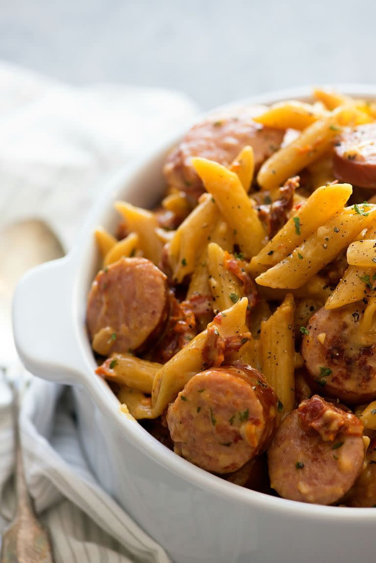 <p>Regular tomato sauce won't taste the same after this.</p><p>Get the <a href="https://www.delish.com/uk/cooking/recipes/a35477016/sun-dried-tomato-sausage-pasta-recipe/" rel="nofollow noopener" target="_blank" data-ylk="slk:Sun-Dried Tomato & Sausage Pasta;elm:context_link;itc:0;sec:content-canvas" class="link ">Sun-Dried Tomato & Sausage Pasta</a> recipe.</p>