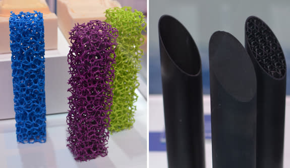 3D-printed experimental materials displayed by Ford. Left: foams that mimic biological structures; Right: tubes with solid, hollow and textured interiors. 3D printing enables repeatable manufacturing of these complex textured materials that can