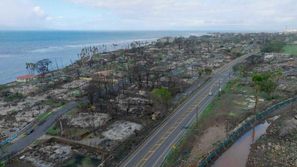 PHOTO: Aftermath of the wildfires in the Maui neighborhood of Lahaina last August. (Nicco Quinones for ABC News)