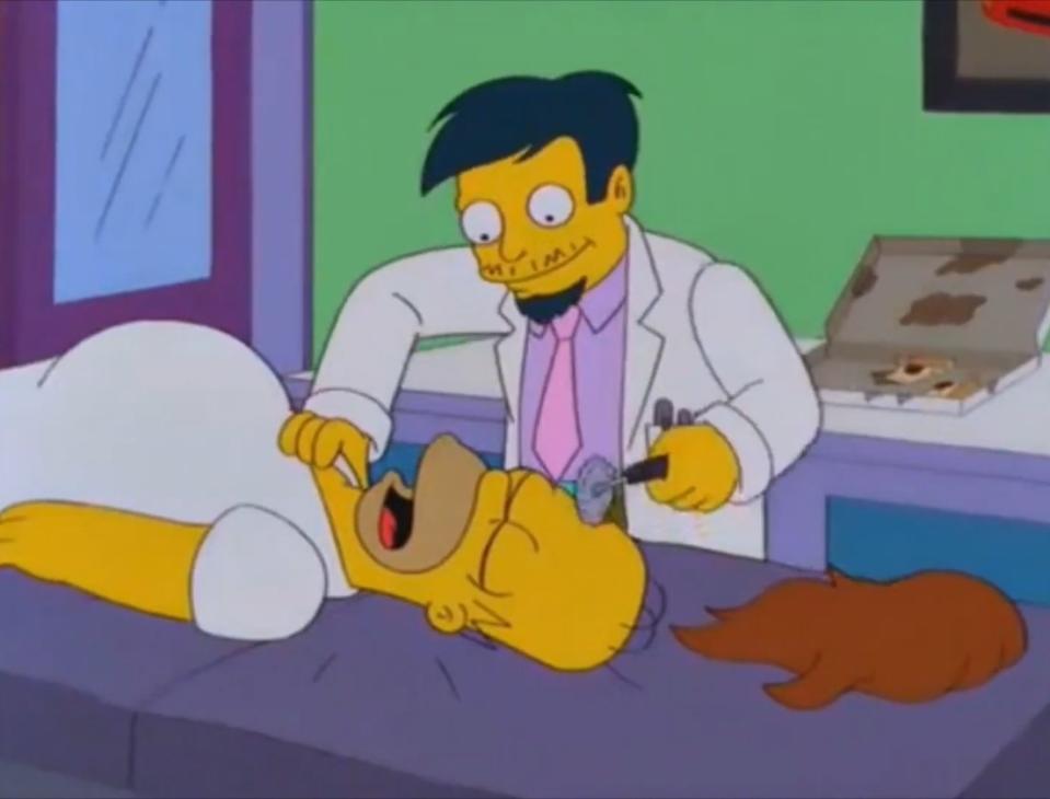 Homer gets an unusual hair transplant via Dr. Nick in "Treehouse of Terror IX"