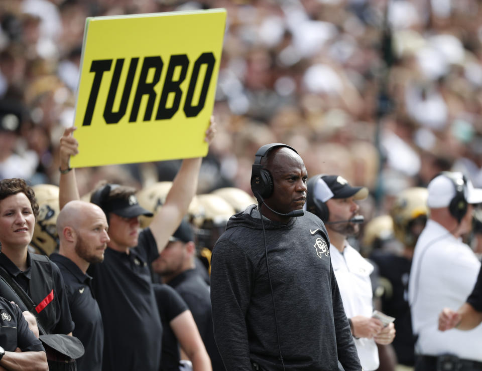 Colorado head coach Mel Tucker looks on against Nebraska in the first half of an NCAA college football game Saturday, Sept. 7, 2019, in Boulder, Colo. (AP Photo/David Zalubowski)