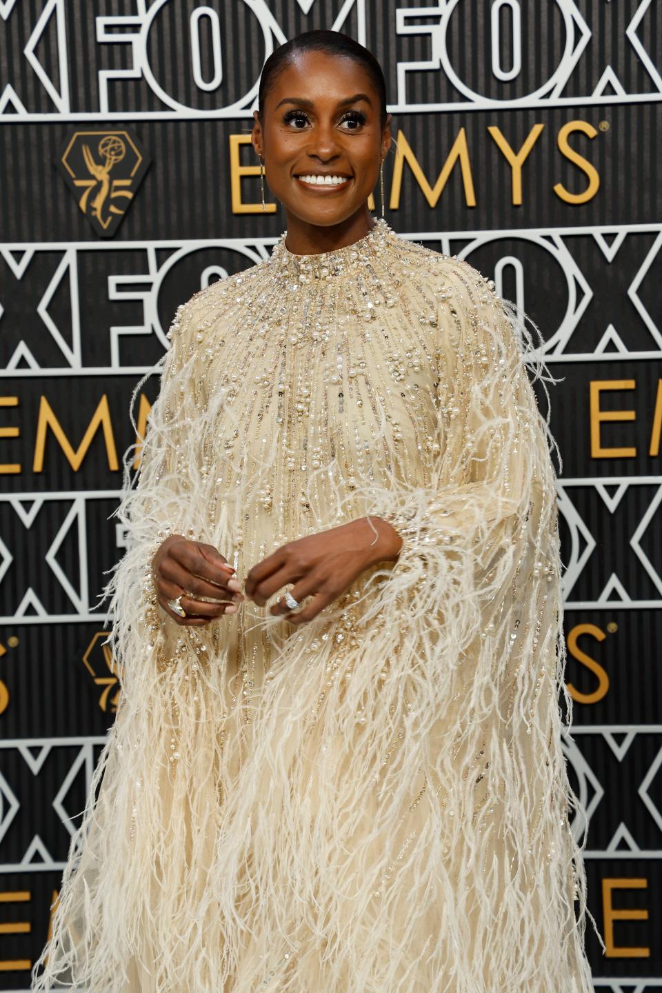 Issa Rae brought the drama to the Emmys red carpet with this Pamella Roland gown.