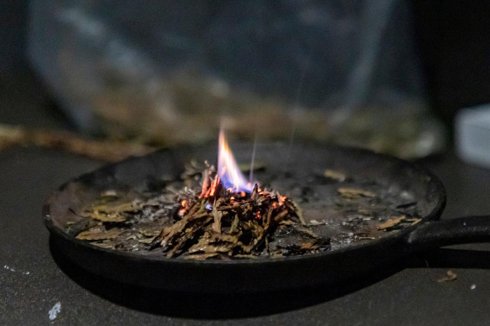 Sage is burned during a morning smudging and meditation practice at the Good Road Recovery Center in Bismarck, North Dakota. The smudging is intended to cleanse the mind, or soul and remove negative energy. June 22, 2021