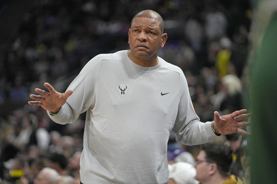 Milwaukee Bucks heads coach Doc Rivers looks on during the first half of an NBA basketball game against the Utah Jazz, Sunday, Feb. 4, 2024, in Salt Lake City. (AP Photo/Rick Bowmer)