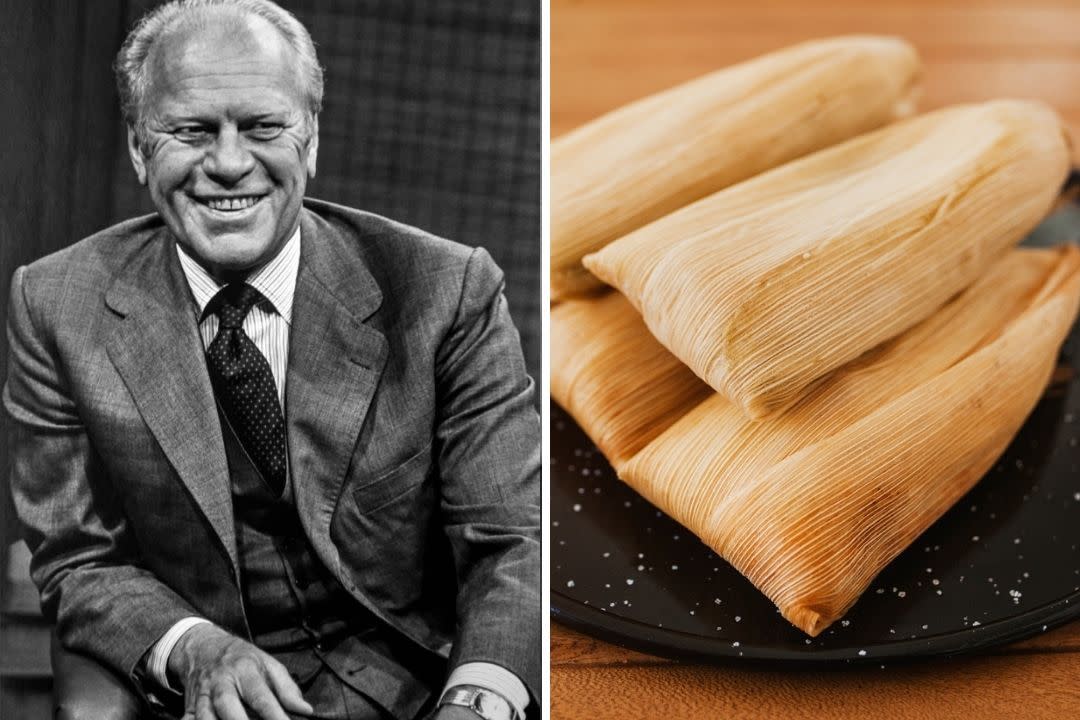 Composite: Gerald Ford and stack of tamales